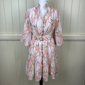 Lorraine Pink Orange Print Puff Sleeve V Neck Mini Dress